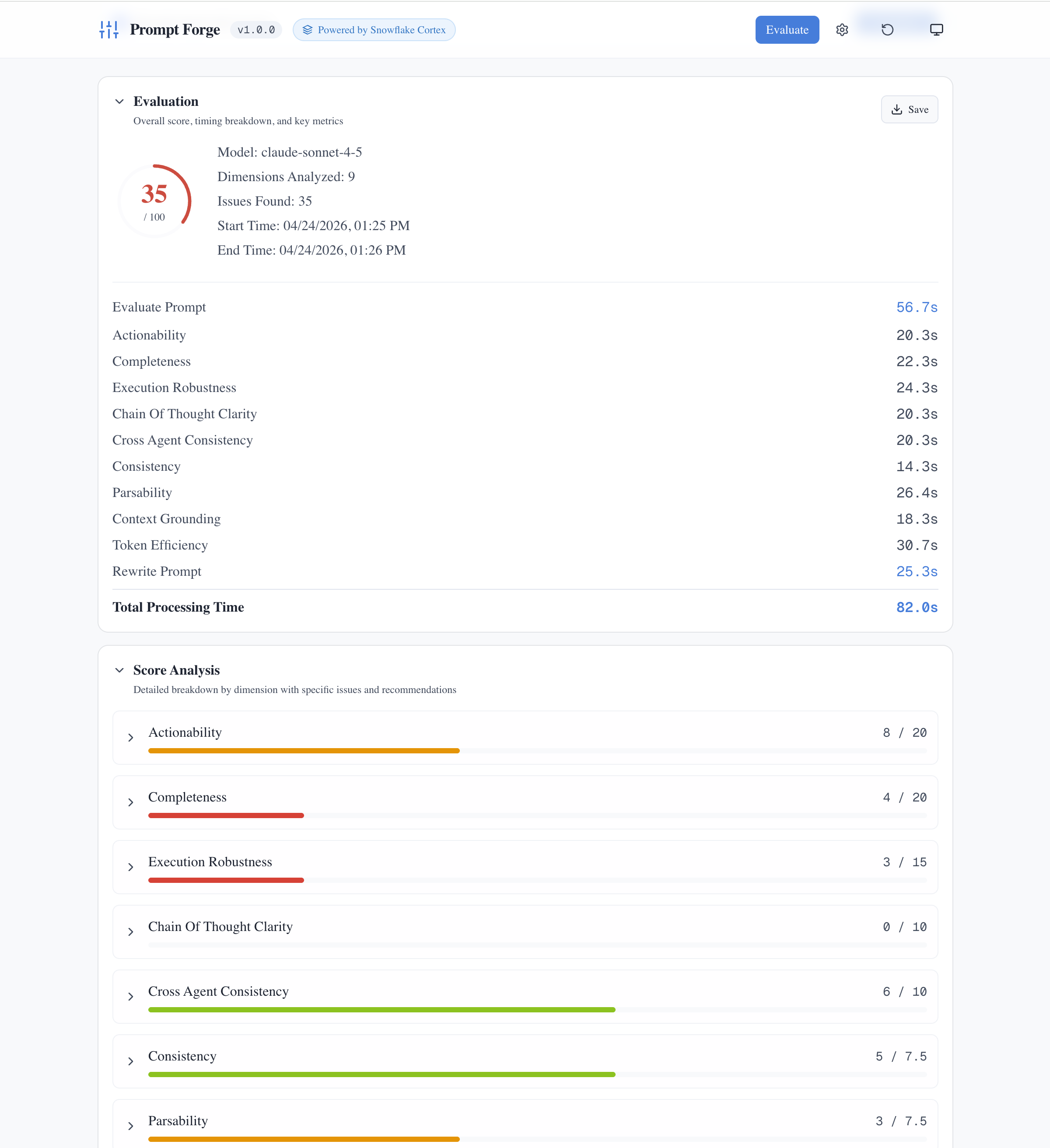 Detailed evaluation results showing dimension scores and timing breakdown