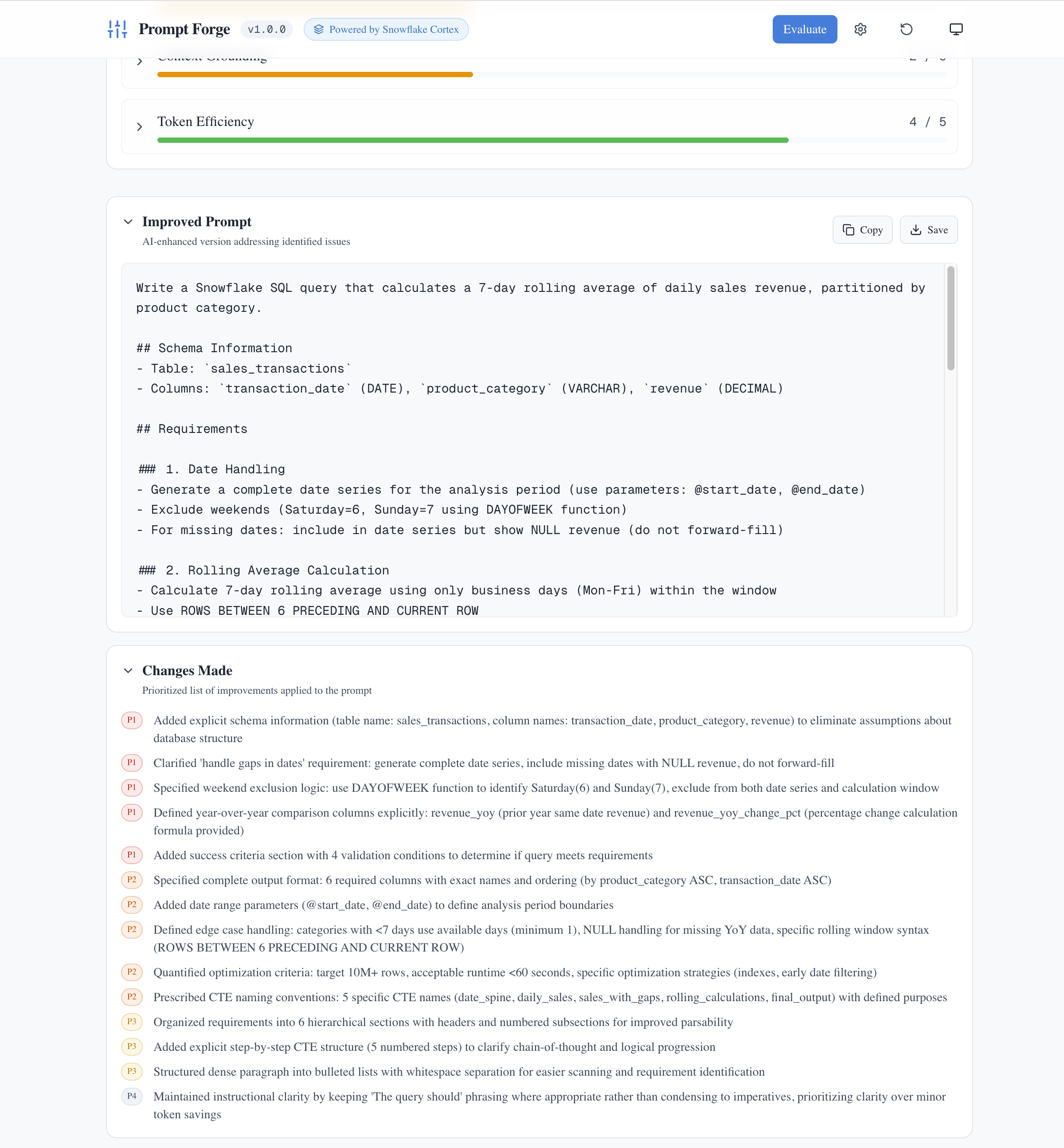 Improved prompt output with structured sections and changes list