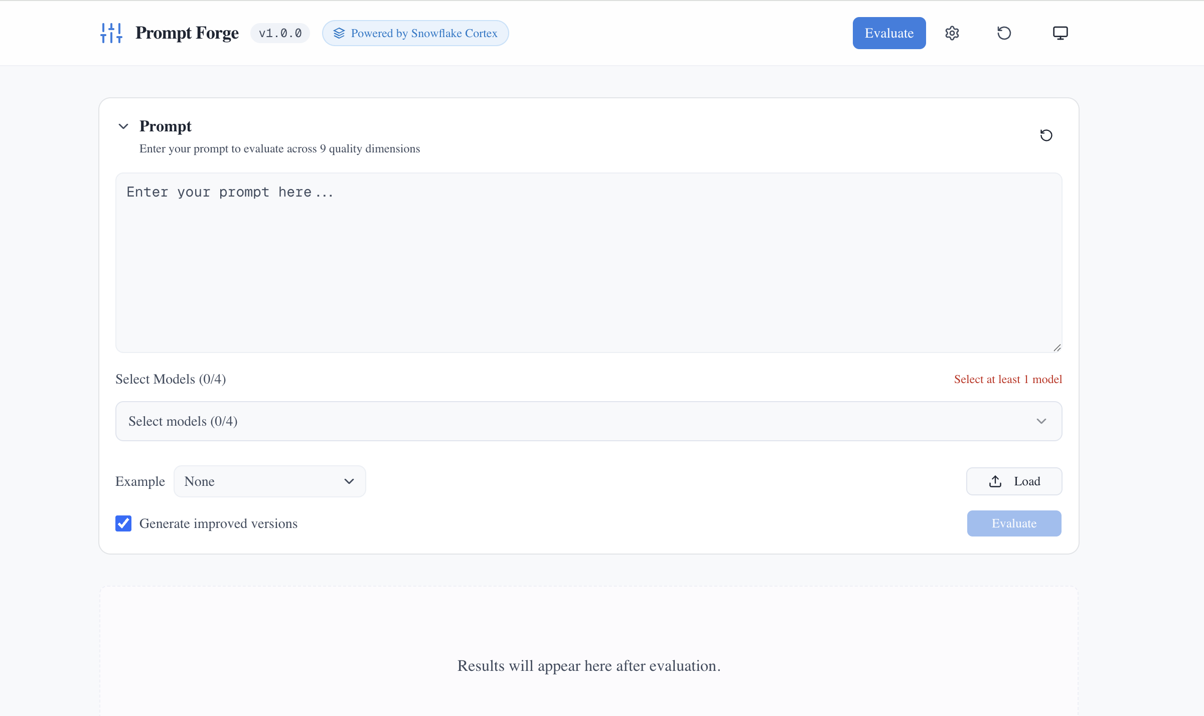 Prompt Forge interface showing prompt input, model selector, and evaluation button